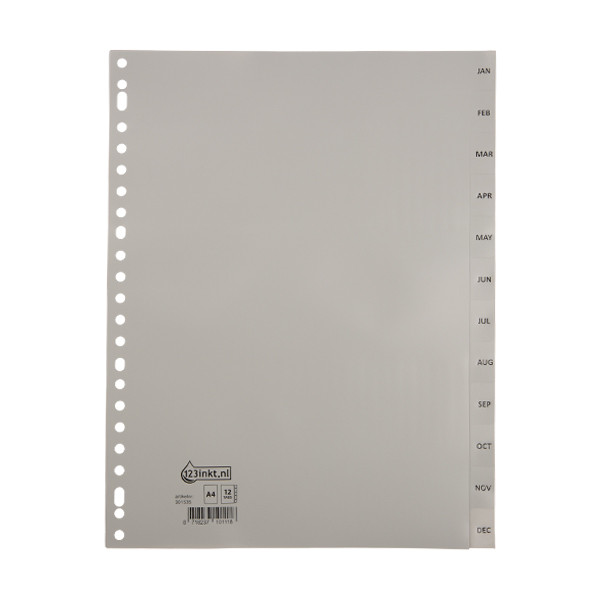 123inkt 123encre intercalaires mensuels en plastique A4 avec 12 onglets (23 trous) - gris G412JMC 301535 - 1