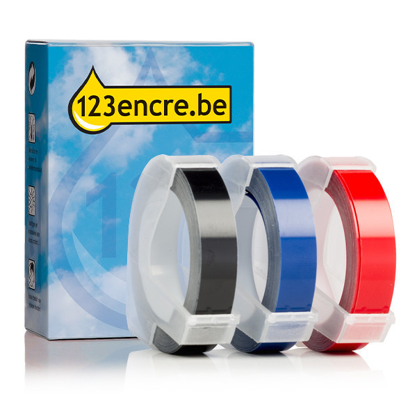 123encre rubans d'étiquettes en relief pour pince à étiqueter multipack 9 mm (blanc sur noir, blanc sur rouge et blanc sur bleu) 089267 - 1