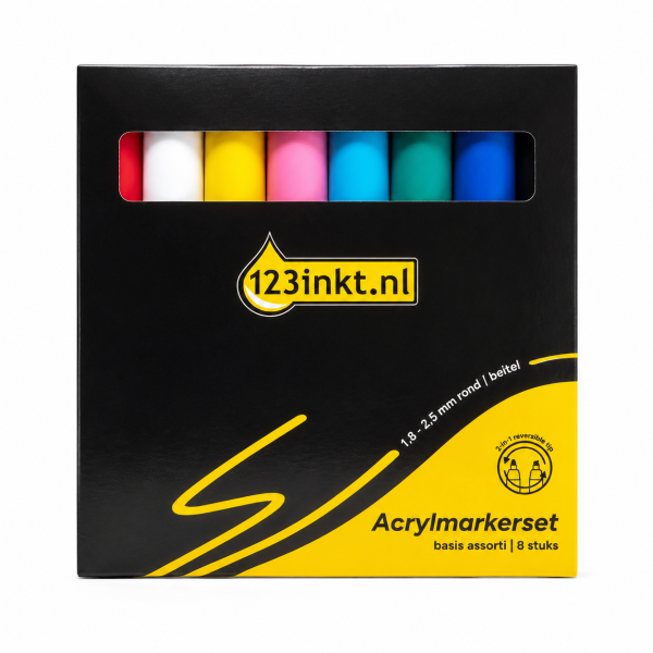123encre set de 8 marqueurs acryliques (1,8 à 2,5 mm ogive/biseautée) - couleurs de base assorties 328501 - 1