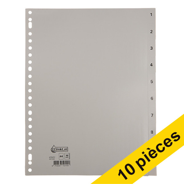 123inkt Offre : 10x 123encre intercalaires en plastique A4 avec 10 onglets (23 trous) - gris  301884 - 1