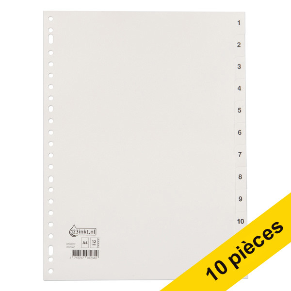 123inkt Offre : 10x 123encre intercalaires en plastique A4 avec 12 onglets 1-12 (23 trous) - blanc  300584 - 1