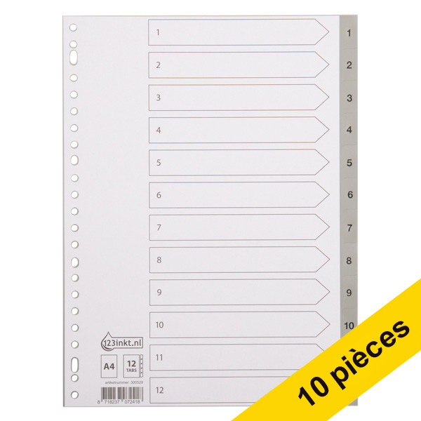 123inkt Offre : 10x 123encre intercalaires en plastique A4 avec 12 onglets 1-12 (23 trous) - gris  300585 - 1