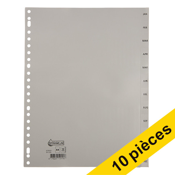 123inkt Offre : 10x 123encre intercalaires en plastique A4 avec 12 onglets mensuels (23 trous) - gris  301885 - 1