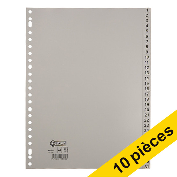 123inkt Offre : 10x 123encre intercalaires en plastique A4 avec 31 onglets (23 trous) - gris  301886 - 1