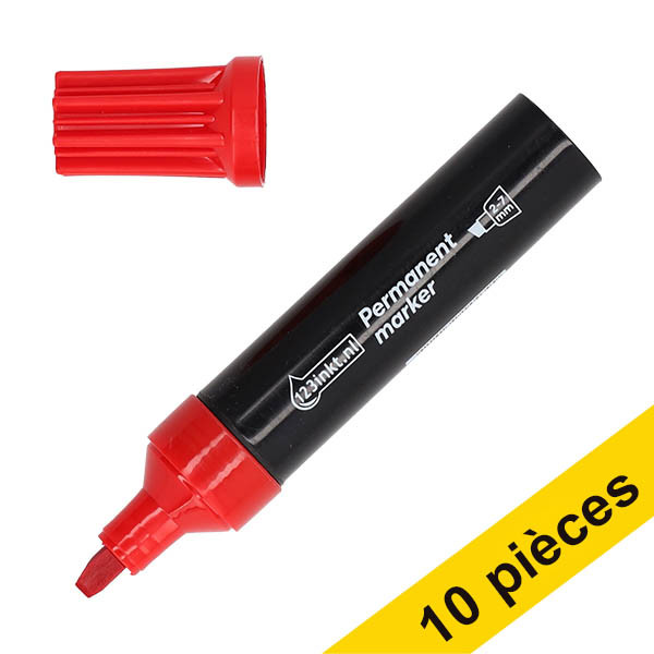 Offre : 10x 123encre marqueur permanent (2 - 7 mm pointe biseautée) - rouge 303314 - 1