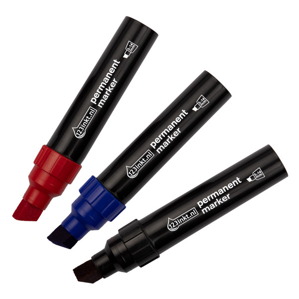 123inkt Offre : 123encre ensemble de marqueurs permanents (5 - 14 mm biseauté) - noir/rouge/bleu  301192 - 1