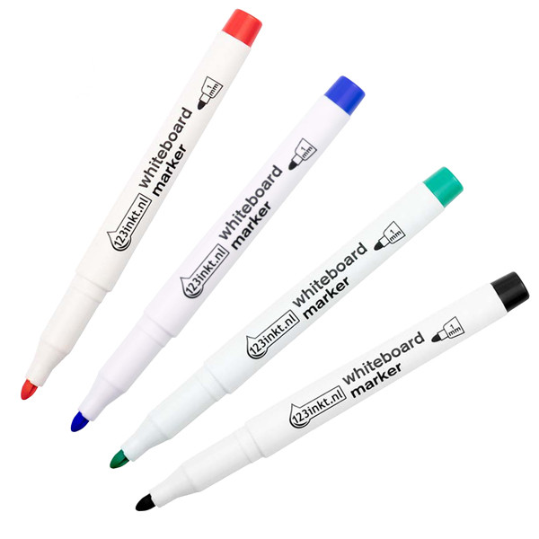 123inkt Offre : 123encre ensemble de marqueurs pour tableau blanc (1 mm ogive) - noir/rouge/bleu/vert 301WP4C 301185 - 1