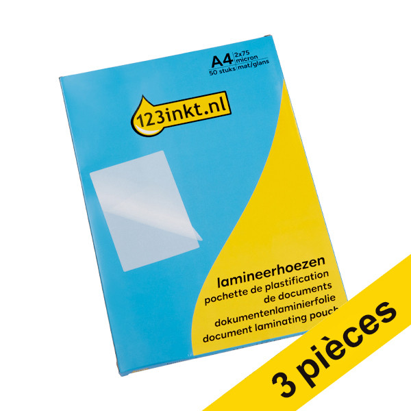 123inkt Offre : 3x 123encre pochette de plastification pour documents A4 mat/brillant 2x75 microns (50 pièces)  302064 - 1
