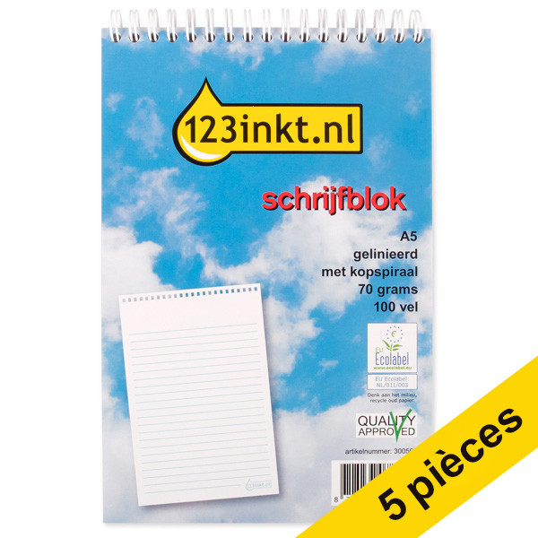 123inkt Offre : 5x 123encre bloc à spirale ligné A5 70 g/m² 100 feuilles reliure spirale  300594 - 1