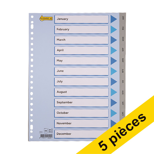 Offre : 5x 123encre intercalaires en plastique A4 jan-déc (23 trous) - gris 301710 - 1