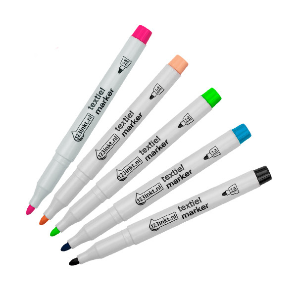 123inkt Offre : 5x 123encre marqueurs textile (noir/bleu pastel/vert pastel/orange pastel/fuchsia)  302723 - 1