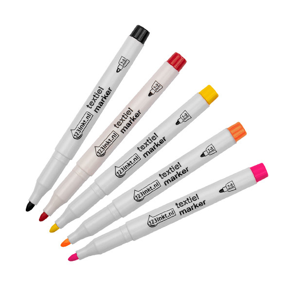 Offre : 5x 123encre marqueurs textiles couleurs chaudes - noir/rouge/jaune/orange/fuchsia 303286 - 1