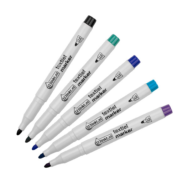 Offre : 5x 123encre marqueurs textiles couleurs froides - noir/vert/bleu/bleu pastel/violet 303287 - 1