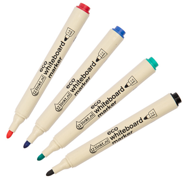 123inkt Offre : set 123encre marqueurs pour tableau blanc écologiques (rond 1 - 3 mm) - noir/rouge/bleu/vert  390592 - 1