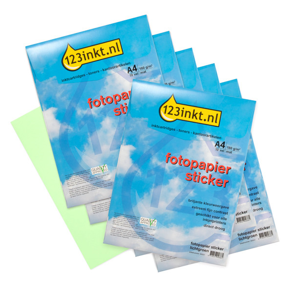 123inkt Promotion papier photo autocollant mat A4 vert clair: 5 paquets + 1 GRATUIT (total 60 autocollants)  300347 - 1