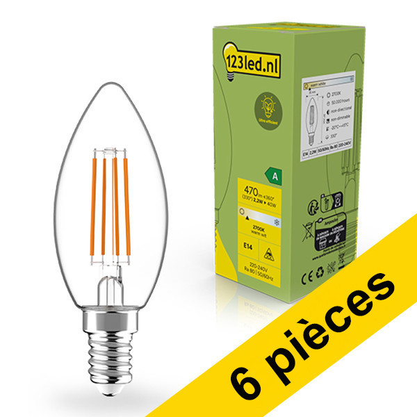 Offre : 6 x 123led ampoule E14 | Culot C35 | Ultra-efficaces | Filament | Transparentes | 2700 K | 2,2 W (équivalent 40 W) LDR02393 - 1