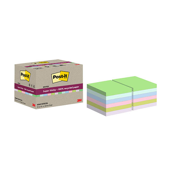 3M Post-It super sticky notes recyclées assorties 76 x 76 mm (12 pièces) 425637 - 1