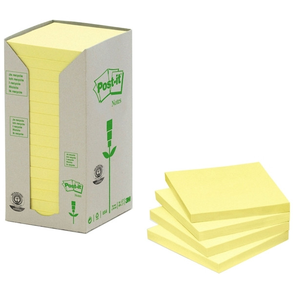 3M Post-it tour de notes recyclées 76 x 76 mm (pack de 16) - jaune 654-1T 201390 - 1