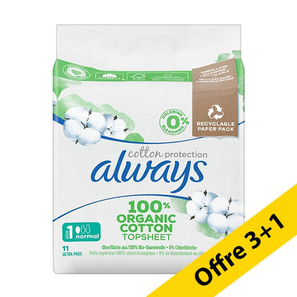 Offre : 4x Always Cotton Protection serviette hygiènique taille 1 normal (11 pièces) SAL01175 - 1