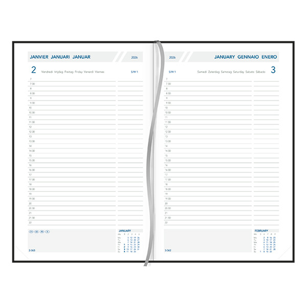 Aurora Daily Florence agenda journalier avec division par demi-heure 2026 (1 jour par page) 6 langues - noir 330139 - 2