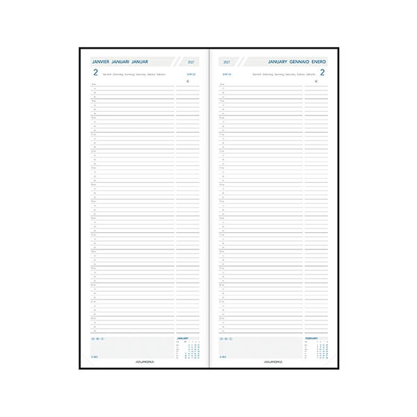 Aurora Longo agenda journalier 2027 en lin avec répartition par quart d'heure (1 jour par 2 pages) 6 langues - noir 440147 - 2