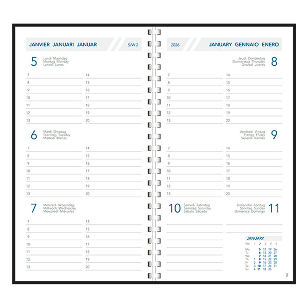 Aurora Visuplan Perl Luna agenda semainier avec division horaire 2026 (1 semaine sur 2 pages) 6 langues - noir 330160 - 2