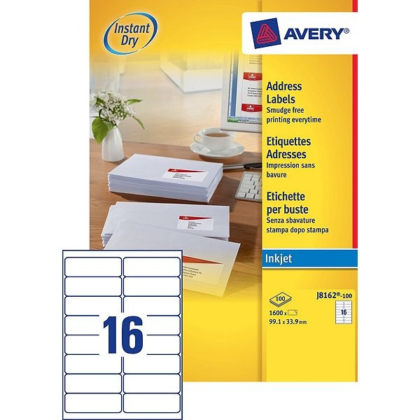 Avery étiquettes d'adresse J8162-100 | 1600 pièces | 99,1 x 33,9 mm J8162-100 212296 - 1