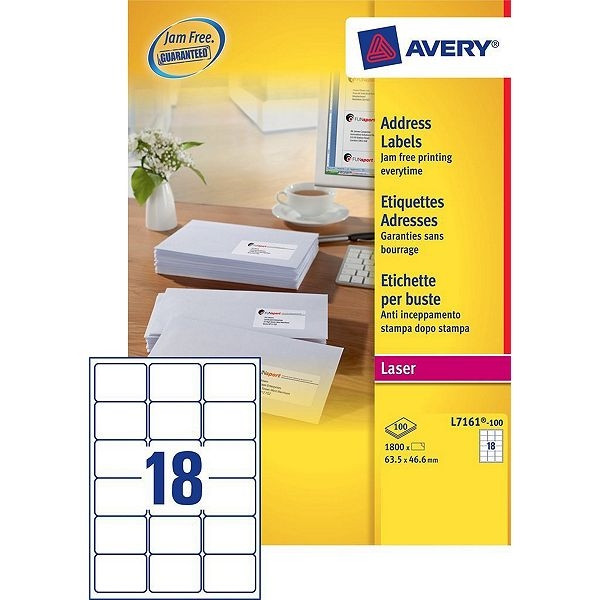 Avery étiquettes d'adresse L7161-100 | 1800 pièces | 63,5 x 46,6 mm | technologie Quickpeel L7161-100 212106 - 1