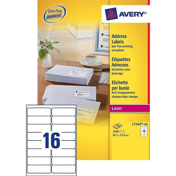 Avery étiquettes d'adresse L7162-100 | 1600 pièces | 99,1 x 33,9 mm | technologie Quickpeel L7162-100 212108 - 1