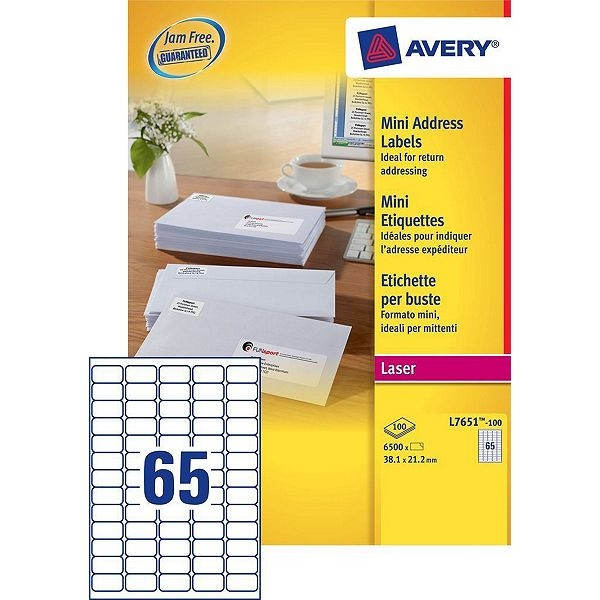 Avery étiquettes d'adresse L7651-100 | 6500 pièces | 38,1 x 21,2 mm | technologie Quickpeel L7651-100 212100 - 1