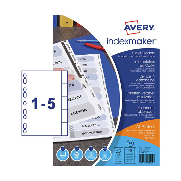 Avery IndexMaker L7410-5M intercalaires en carton imprimables A4 avec 5 onglets (9 trous) 01810061 212821 - 1