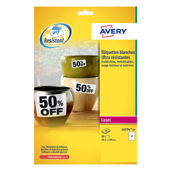 Avery L4774-20 étiquettes ultra-résistantes A4 99,1 x 139 mm (80 pièces) - blanc L4774-20 212432 - 1