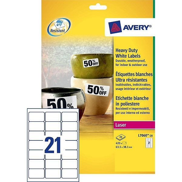 Avery L7060-20 étiquettes ultra-résistantes A4 63,5 x 38,1 mm (420 pièces) - blanc L7060-20 212424 - 1