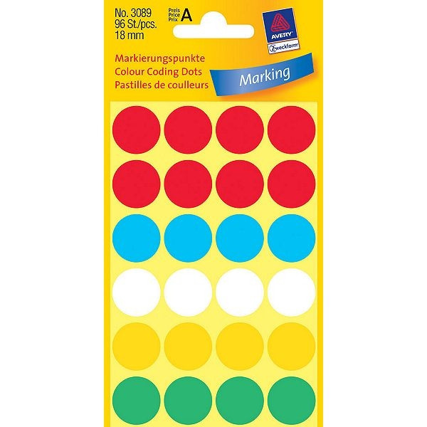 Avery Zweckform 3089 pastilles adhésives couleurs assorties Ø 18 mm (96 étiquettes) 3089 212388 - 1