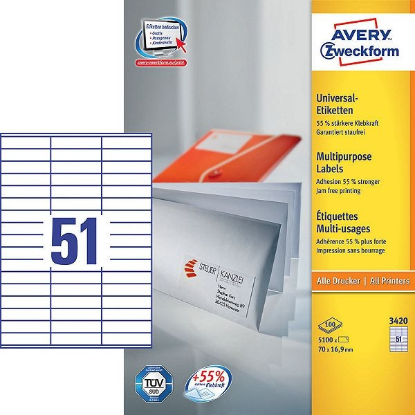 Avery Zweckform 3420 étiquettes multi-usages 70 x 16,9 mm (5100 étiquettes) 3420 212034 - 1