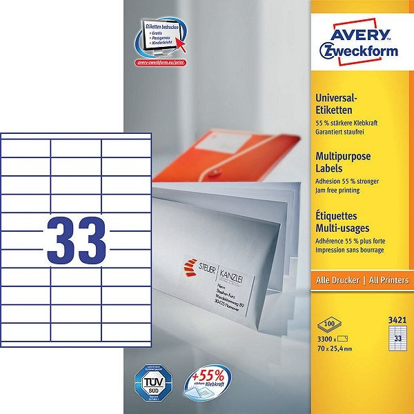 Avery Zweckform 3421 étiquettes multi-usages 70 x 25,4 mm (3300 étiquettes) 3421 212036 - 1