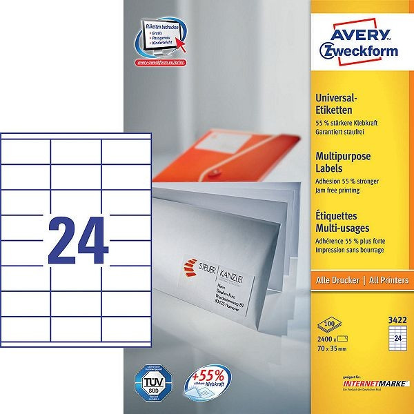 Avery Zweckform 3422 étiquettes multi-usages 70 x 35 mm (2400 étiquettes) - blanc 3422 212470 - 1