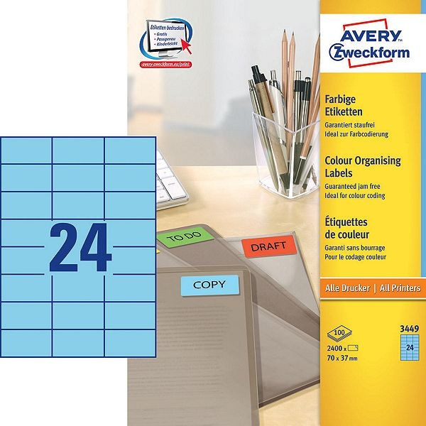 Avery Zweckform 3449 étiquettes multi-usages 70 x 37 mm (2400 pièces) - bleu 3449 212082 - 1