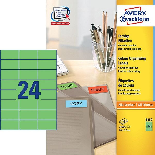 Avery Zweckform 3450 étiquettes multi-usages 70 x 37 mm (2400 pièces) - vert 3450 212078 - 1