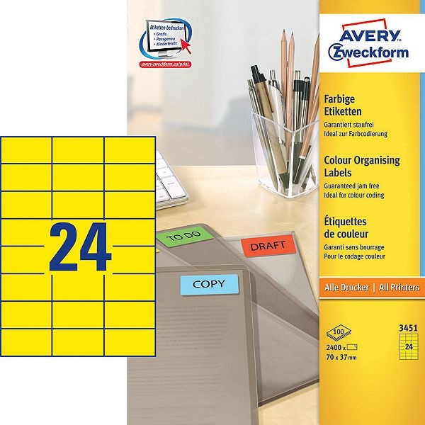Avery Zweckform 3451 étiquettes multi-usages 70 x 37 mm (2400 pièces) - jaune 3451 212080 - 1