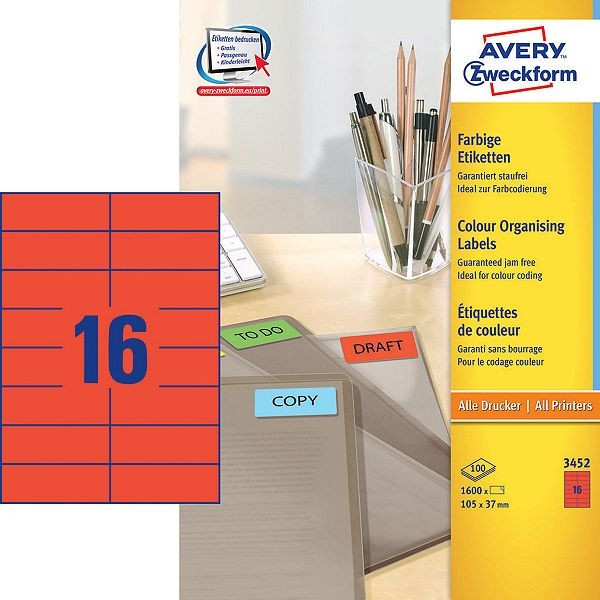 Avery Zweckform 3452 étiquettes multi-usages 105 x 37 mm (1600 pièces) - rouge 3452 212084 - 1
