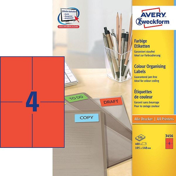 Avery Zweckform 3456 étiquettes multi-usages 105 x 148 mm (400 pièces) - rouge 3456 212092 - 1