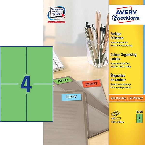 Avery Zweckform 3458 étiquettes couleur 105 x 148 mm (400 pièces) - vert 3458 212256 - 1