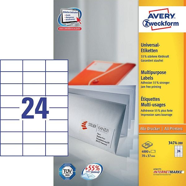 Avery Zweckform 3474-200 étiquettes multi-usages 70 x 37 mm (4800 étiquettes) - blanc 3474-200 212474 - 1