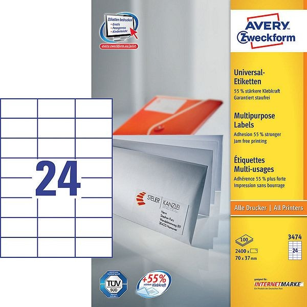 Avery Zweckform 3474 étiquettes multi-usages 70 x 37 mm (2400 pièces) - blanc 3474 212042 - 1