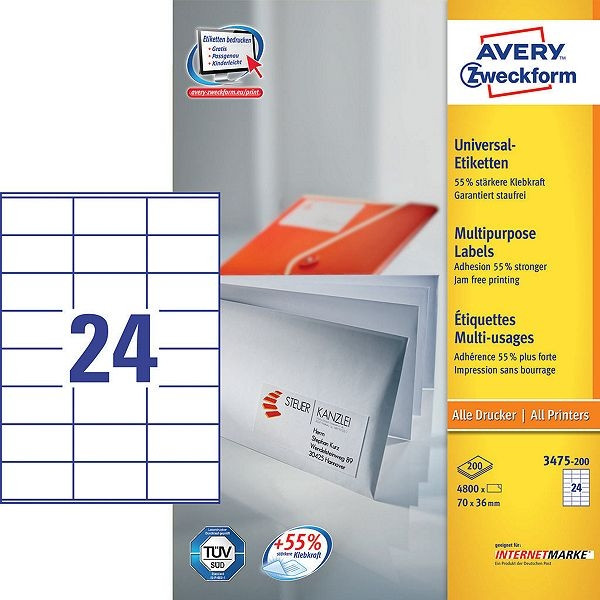 Avery Zweckform 3475-200 étiquettes multi-usages 70 x 36 mm (4800 étiquettes) 3475-200 212476 - 1