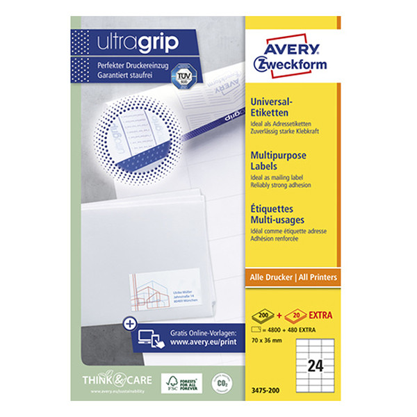 Avery Zweckform 3475-200 étiquettes multi-usages A4 70 x 36 mm (4800 étiquettes) - blanc 3475-200 212476 - 1
