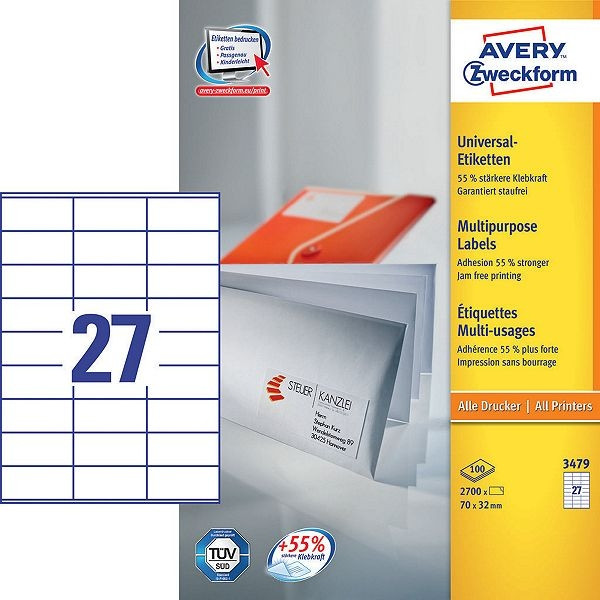 Avery Zweckform 3479 étiquettes multi-usages 70 x 32 mm (2700 étiquettes) 3479 212038 - 1
