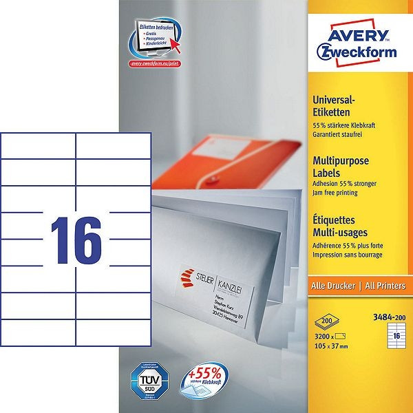 Avery Zweckform 3484-200 étiquettes multi-usages 105 x 37 mm (3200 étiquettes) - blanc 3484-200 212478 - 1