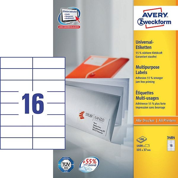 Avery Zweckform 3484 étiquettes multi-usages 105 x 37 mm (1600 pièces) - blanc 3484 212004 - 1